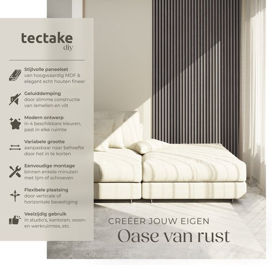 tectake® Akustikpaneele - 4er-Set - Akustik-Wandpaneele - 60 x 120 cm - 2,88 m² - Wandpaneele mit verstellbarer Größe - Lattenwand aus MDF und Holzfurnier - Schalldämmung - Stilvolle Wanddekoration - Einfache Montage - Eiche Hellgrau