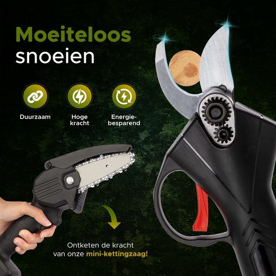 Qualitá® Elektrische Gartenschere - 2 in 1 Mini-Kettensäge - Blumenschere, Astschere, Heckenschere elektrisch - 2 Akkus mit Ladegerät - inkl. Aufbewahrungsbox Gartengeräte