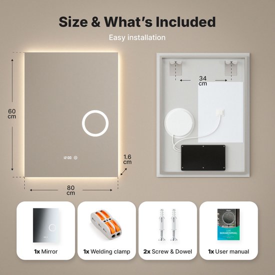 Mirlux Badezimmerspiegel - Mit LED-Beleuchtung & Heizung - Anti-Kondensations-Duschspiegel – Rechteckig –  60x80 cm