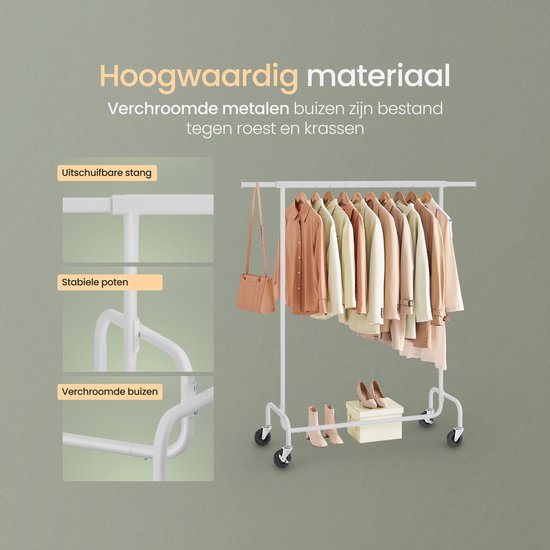 O'DADDYÂ® Kleiderständer auf 4 großen Rädern - Bis zu 130 kg Kapazität - Verstellbar und ausziehbar - Rostfreies verchromtes Metall - Einfache Montage - Weiß
