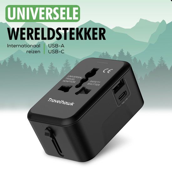TravelHawk Universal World Plug mit USB-C und USB-Anschluss - Reisestecker - Internationaler Reisestecker für 150+ Länder - Amerika (USA) - England (UK) - Australien - Asien - Südamerika - Afrika - Weltstecker - Schwarz