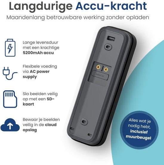 Gologi Video-Türklingel - Intelligente Türklingel mit Kamera und WiFi - HD-Videoqualität - Schnurlos mit Batterie - Inklusive Wandhalterung und Klingel - Nachtsicht - Wasserdicht - Schwarz