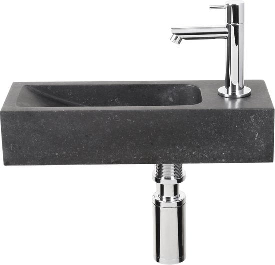 Differnz Luxor Brunnenset - Spülbecken Naturstein - Schwarz - Gebogener Wasserhahn - Chrom - Standardgriff - 38 x 14 x 8 cm