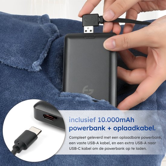 Kapuzendecke - Beheizt - 3 Stufen - Snuggle Hoodie - Beheizter Kapuzenpullover - Snuggle - 10k mAh Batterie - Einheitsgröße - Blau - Saaf Comfort