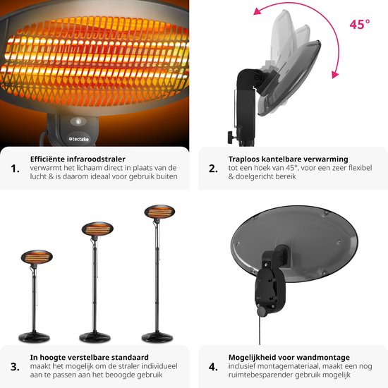 tectake - Infrarotheizung - Heizung mit Ständer oder Wandmontage - Wärmelampe für den Wickeltisch - Heizung für das Badezimmer - Infrarotheizung für die Terrasse - Elektrische Heizung - 2000W - 3 Stufen