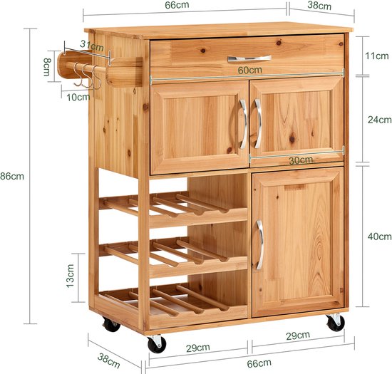 SoBuy Küchenwagen - Mit Schubladen und Weinregal - Mit Rädern und Arbeitsplatte - Kompakt - 66×38×86 cm - Naturfarbe
