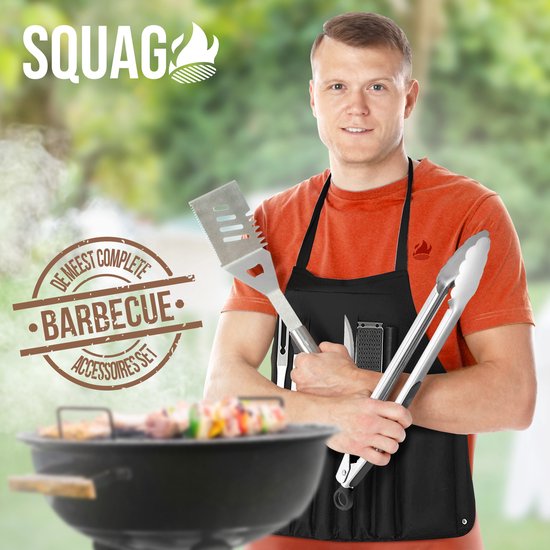 Squago BBQ-Zubehör XXL Set mit Schürze - Werkzeuge - Werkzeugset Zange Bürste Matte