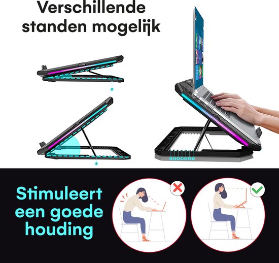 TTD® Premium Laptop-Kühler - Verstellbare Laptop-Halterung - Rotationsgeschwindigkeiten bis zu über 2400 RPM - für Gaming - Bis zu 17 Zoll - Extra USB-Anschluss - Schwarz