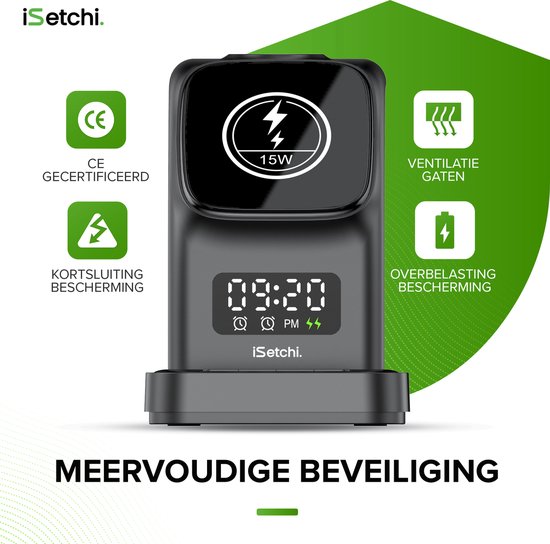 iSetchi MagSafe 5-in-1 Wireless Charger (15W USB-C Schnellladegerät) - Mit LED-Lampe, Digitaluhr & Weckfunktion - Geeignet für iPhone, Apple iWatch & Airpods - Wireless Qi Station - GSM Ladegerät