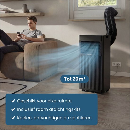 Auronic Mobile Air Conditioner - 7.000 BTU - 3-in-1 - Klimaanlage mit 2 Fensterdichtungssätzen - Ventilator - Luftentfeuchter - bis zu 20m² - Schwarz