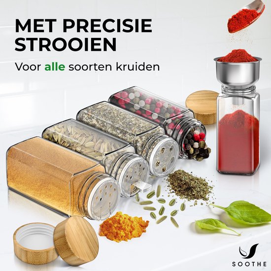 Soothe 48 Glasgewürzdosen quadratisch mit Bambusdeckel - 2 Arten von Streudeckeln - Gewürzstreuer - Gewürzdosen - Komplettset inkl. Gewürzsticker, Kreidestift und Zubehör - 120ml