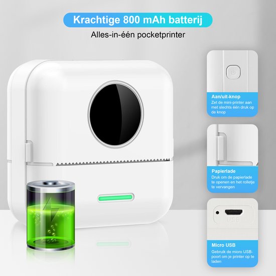 Ilona Mini-Drucker für das Handy - Taschendrucker - Premium Mini-Fotodrucker - Tragbarer Smartphone-Drucker - Mobiler Fotodrucker - Stickerdrucker - Inkl. 5 Rollen Klebepapier + 5 Rollen weißes Papier + 3 Rollen farbiges Papier + 5 Stifte