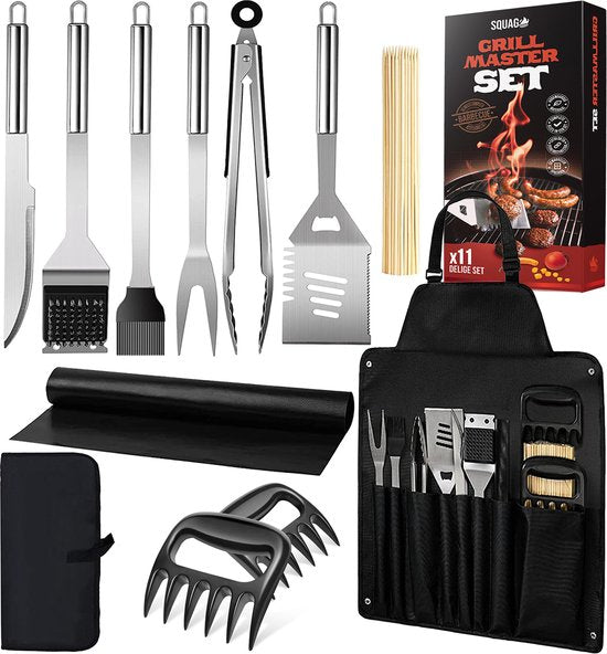 Squago BBQ-Zubehör XXL Set mit Schürze - Werkzeuge - Werkzeugset Zange Bürste Matte