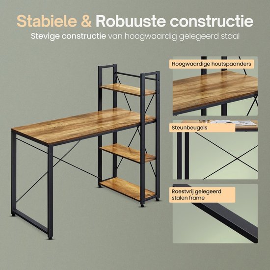 O'DADDY® Schreibtisch mit verstellbaren Füßen - Schreibtisch - Computertisch - Game Desk - Gaming Desk Small - Schreibtischmöbel - 120 x 60 cm - Bücherregal - Computertisch - Braun