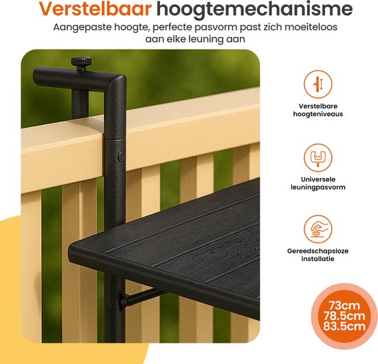 Goliving Balkontisch - klappbar - hängend - 60 x 40 cm - in 3 Höhen verstellbar - wetterfest - 2 Becherhalter - Schwarz