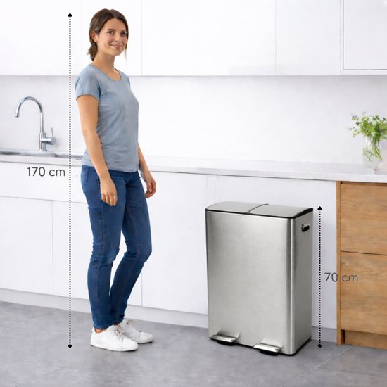Bayt Mülleimer - Mülleimer 60 Liter (2x30) - Mülleimer 60 Liter - Treteimer 60 Liter - Mülleimer Mülltrennung - Mülleimer 2 Fächer - Mülleimer - Edelstahl - Silber