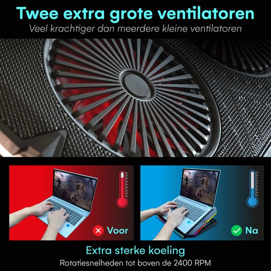 TTD® Premium Laptop-Kühler - Verstellbare Laptop-Halterung - Rotationsgeschwindigkeiten bis zu über 2400 RPM - für Gaming - Bis zu 17 Zoll - Extra USB-Anschluss - Schwarz
