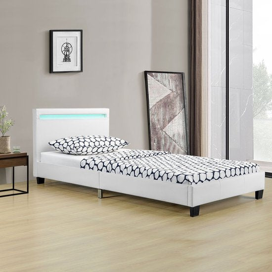 Polsterbett Verona - 90 x 200 cm - Weiß - LED-Beleuchtung
