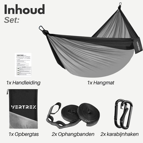 Vertrex Hammock Pro Hängematte mit Gurt und Karabiner für Hängematten - 270 x 140 cm - Max 200 kg - Grau/Schwarz