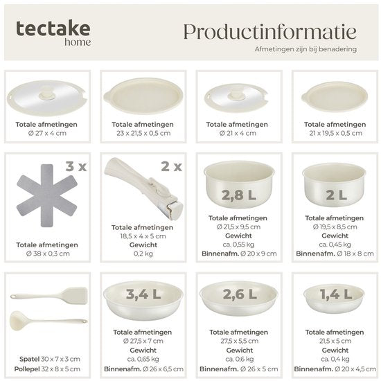 tectake® 16-teiliges modernes Pfannenset - 3 Bratpfannen - 2 Kochpfannen - Induktionsgeeignet - Inklusive Deckel, abnehmbare Griffe und Schutzkappen - Pfannen aus Aluminium mit keramischer Antihaftbeschichtung - Backofenfest bis 175° - Weiß