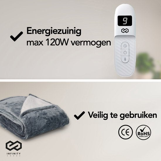Infinity Goods - Electric Blanket - Heizdecke - 2-Personen - 180 x 160 cm - Mit Timer - Decke - Fleece - Anthrazit