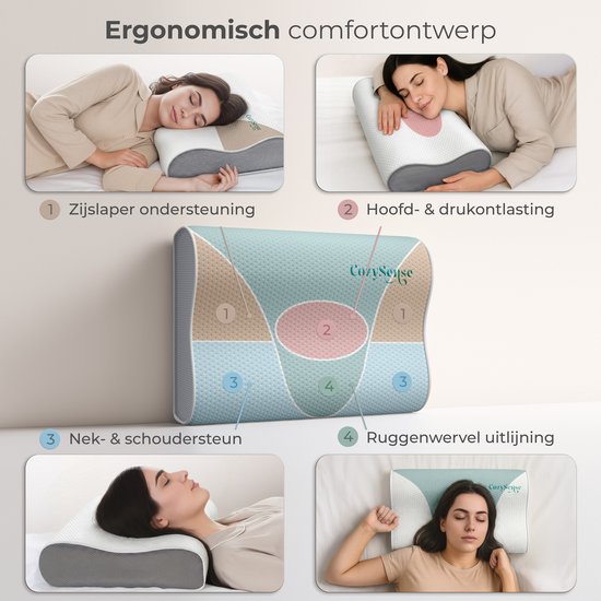 CozySense® Kopfkissen - Orthopädisches Kopfkissen - Ergonomisches Kopfkissen - Memory Foam Schlafkissen - Inkl. Kissenbezug & Tragetasche - Weiche Festigkeit - für Seiten-, Bauch- und Rückenschläfer