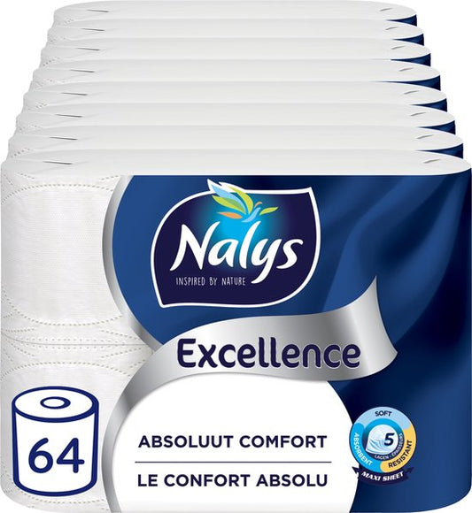 Nalys Excellence Toilettenpapier - 64 Rollen - Weißes Maxi Sheets Toilettenpapier (5-lagig) - Vorteilspackung - Papierverpackung