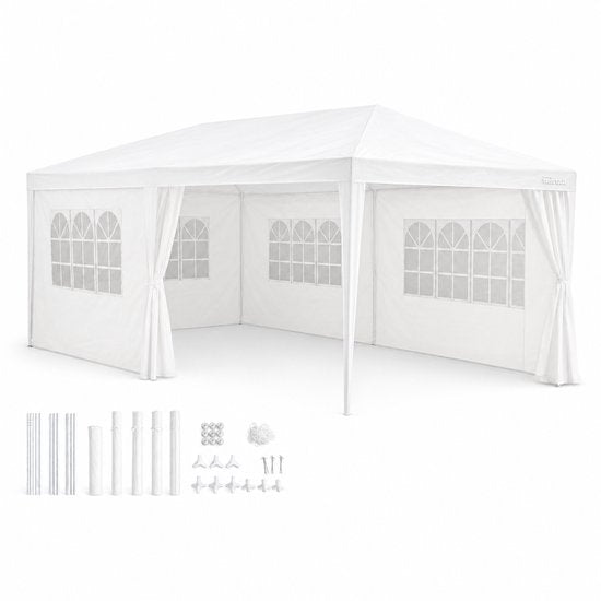Kinzo Partyzelt 3 x 6 m – Zeltpavillon für 70 Personen – Gartenpavillon mit 6 Seitenwänden – Gartenzelt mit einer Firsthöhe von 2,5 m – Partyzelt, wasserdicht und UV-beständig – Weiß