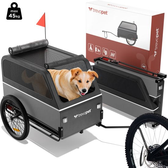 TrevoPet® Dog Bike Trailer XL - Klappbarer Fahrradanhänger Hund - Hundeanhänger mit Rampe, Federungssystem & Wetterschutz - Geeignet für E-Bikes - 45 kg - Grau