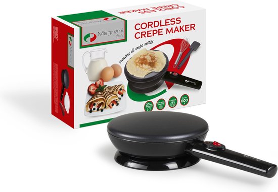 Magnani – Crêpes-Pfanne – Pfannkuchenpfanne – Antihaftbeschichtung – Inklusive Pfannenwender, Schneebesen und Teller – Pfannkuchenpfanne – Elektrisch – 800 W