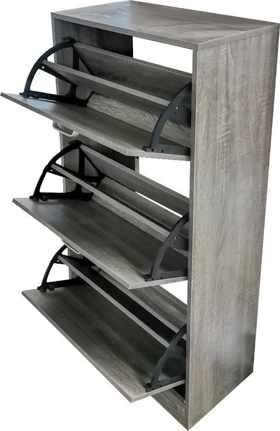 Schuhschrank - Schuhregal - 3 Fächer mit Klapptüren - grau-braun gefärbt
