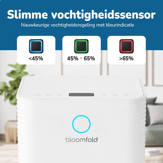 Bloomfold Luftentfeuchter - 12L pro Tag - Inkl. Wasch-Trocken-Funktion - Geeignet für Wohnzimmer, Schlafzimmer, Keller & Badezimmer - Weiß