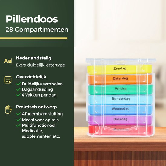 Gandria Pillenbox 7 Tage - Stapelbare Medizinbox mit 28 Fächern - 4 Fächer pro Tag - 7 Farben
