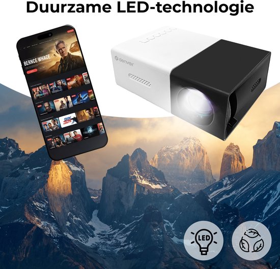 Denver Mini Beamer Full HD - Streaming von Ihrem Handy (USB-C) - Mini-Projektor - Inkl. Fernbedienung - HDMI/AUX/USB-C - PR800