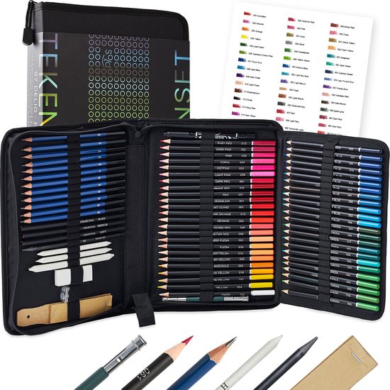 S.old Buntstifte - Bleistiftset - Skizzenstifte - Zeichenset 97-teilig - Kohlezeichnung - Inkl. Radiergummi Bleistiftspitzer & Etui