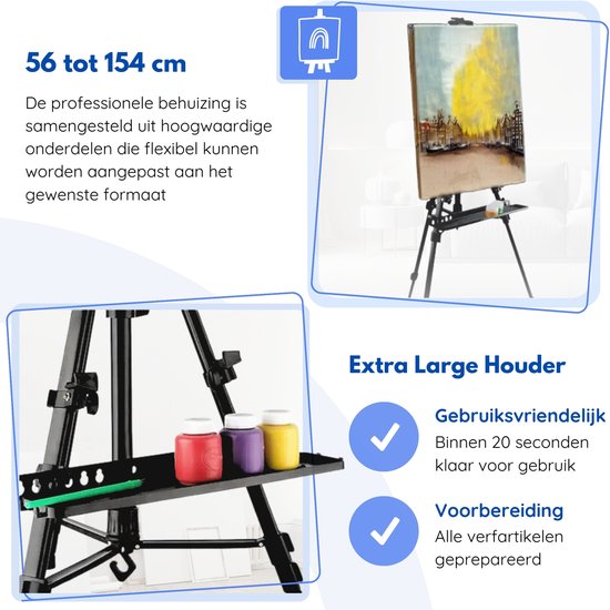 Hilvard - Staffelei für Erwachsene - Tisch Staffelei - Feld Staffelei - Verstellbar - Quick Grip & Release Bracket - Schwarz - Geeignet für Maltücher - Studio Staffelei - Inkl. Aufbewahrungstasche - 54 cm bis 156 cm