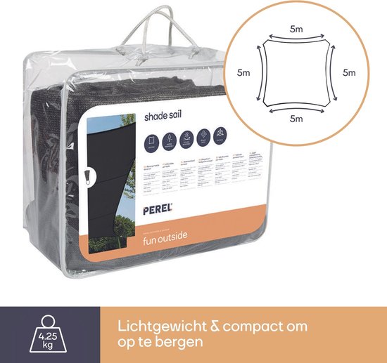 Perel Schattentuch, wasserdurchlässig, luftdurchlässig, 5 x 5 m, 180 g/m², HDPE, quadratisch, dunkelgrau