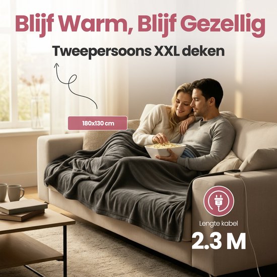 STAUS&BACH Heizdecke 3XL - 2 Personen Oberdecke - Doppelseitige Fleece Sherpa - Anthrazitgrau - 180x160 cm - Grau