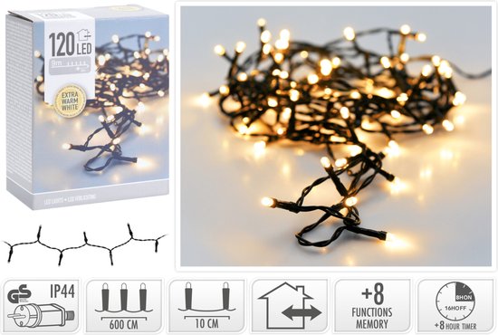 Weihnachtsbeleuchtung 120 led- 9m - extra warmweiß - Timer - Lichtfunktionen - Memory - Außen - Innen