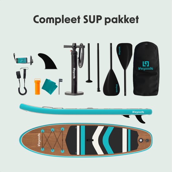 LifeGoods PaddlePro SUP Board - Aufblasbares Paddle Board - Komplettset - Max. 150KG - 320x81cm - Holz/Blau