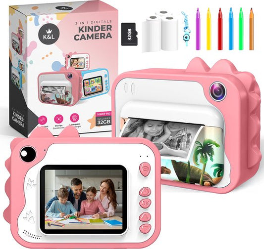 K&L® 3 IN 1 Digitale Kinderkamera + Sofortdruck + Spielkamera - 32GB micro sd Karte - Kamera Kinder - Vlog Kamera mit Spielen - Fotokamera für Kinder - Kleines Spielzeug - Mit Videofunktion - Pink