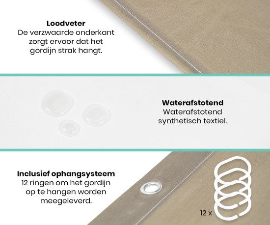 Loti Living Duschvorhang Anti-Schimmel - Hellbraun gestreift - Inklusive Ringe - Wasserdicht - Polyester - Duschvorhang 180x200 cm