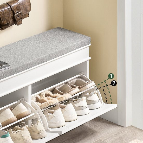 SoBuy Schuhbank mit Sitzkissen - 8 Paar Schuhe - Klappfächer & Schublade - 104 x 24 x 51 cm - Weiß