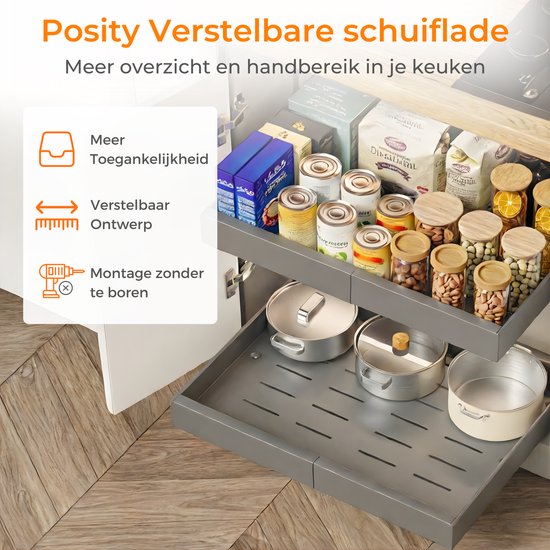 Posity Slide Drawer - Küchenschrank-Organizer - Spülenschrank/Schubladen-Organizer - Innenschublade Küche - Ausziehbar und verstellbar (32-52 cm) - Teleskopisch - Grau
