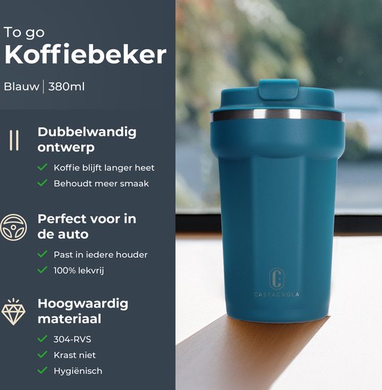 Castagnola Thermos Cup - Kaffeebecher To Go - Reisebecher für Kaffee und Tee - Teebecher - 380 ML - Edelstahl - Blau - Octagon