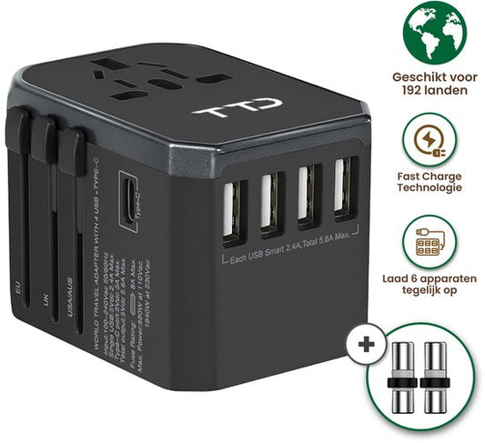TTD® World Universal Plug - Reisestecker Typ A B C E F G I mit USB-C und 4x USB-A Schnellladung - Geeignet u.a. für Amerika, Australien, England und Japan - Reiseadapter - Reiseadapter