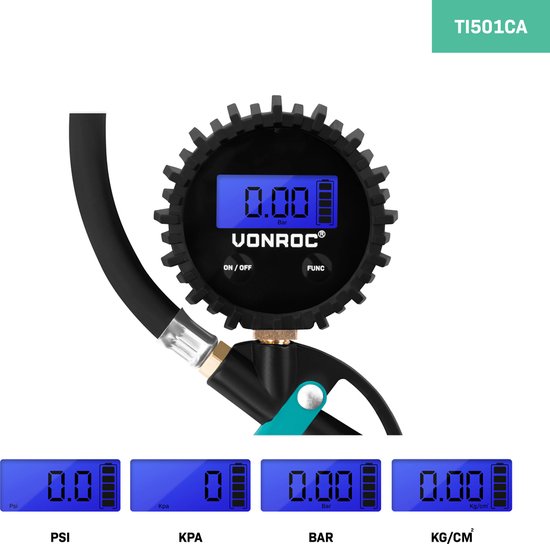 VONROC PRO Reifenpumpe - Fahrradpumpe - 3-in-1: pumpen, Druck messen und entlüften - Digitales Manometer - Geeignet für Kompressor und Druckluft - 10 bar - Universal EURO/DIN 7,2mm Kopfdurchmesser - Inkl.