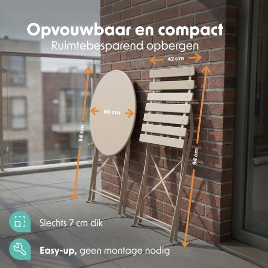 LifeGoods Bistro-Set - Stahl - 3-teilig - Gartenset - klappbar - Balkonset mit Tisch - wetterfest - Taupe