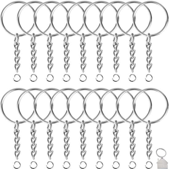 Schlüsselanhänger mit Kette - 100 Edelstahl-Schlüsselanhänger - Schlüsselanhänger-Set - 25 mm - 100 Stück - Inklusive Schlüsselanhänger mit Haus