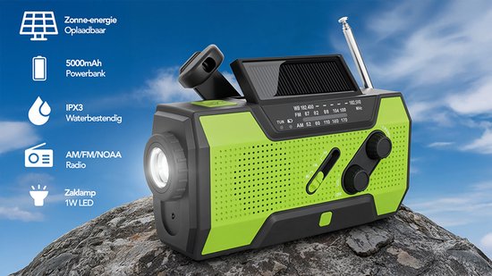 Brixy Emergency Radio - Radio mit Batterie für Notfälle - 5000 MAH - aufwickelbar - Solar - Taschenlampe - Powerbank - Grün